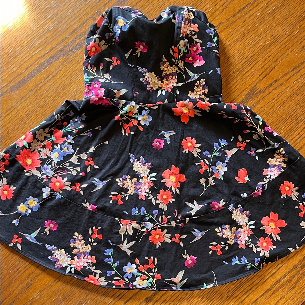 Express Black Hummingbird and Floral Strapless Dress Size 2